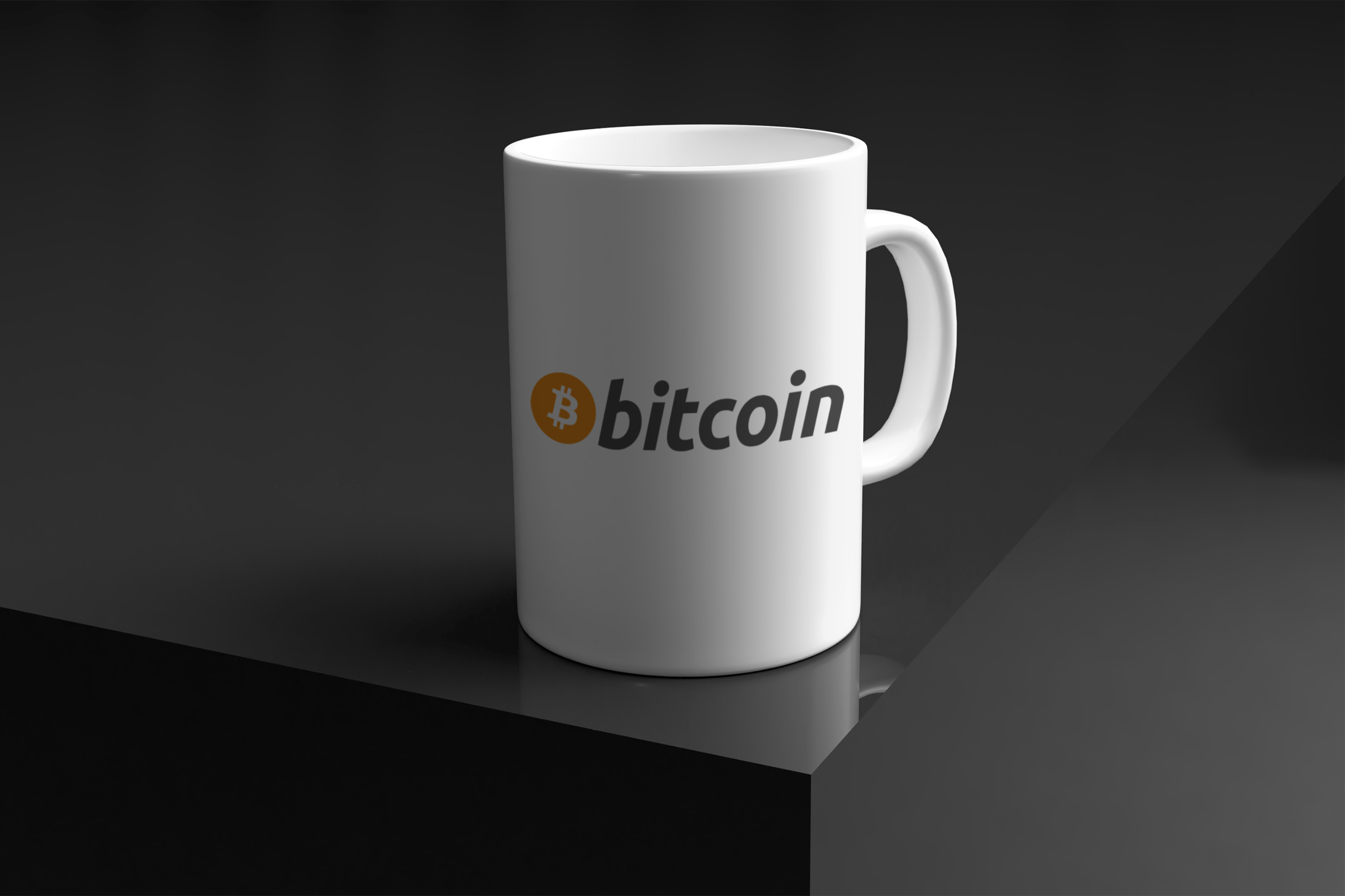 Bitcoin logo və yazı çaplı Fincan